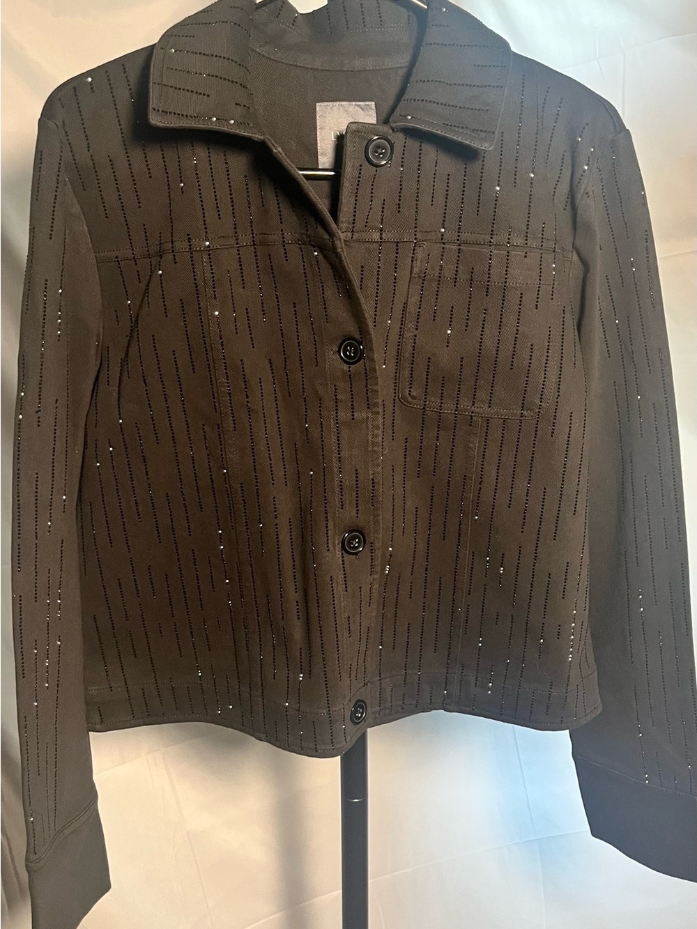 Lysse Black Sequin-Trim Button Denim Jacket Size M